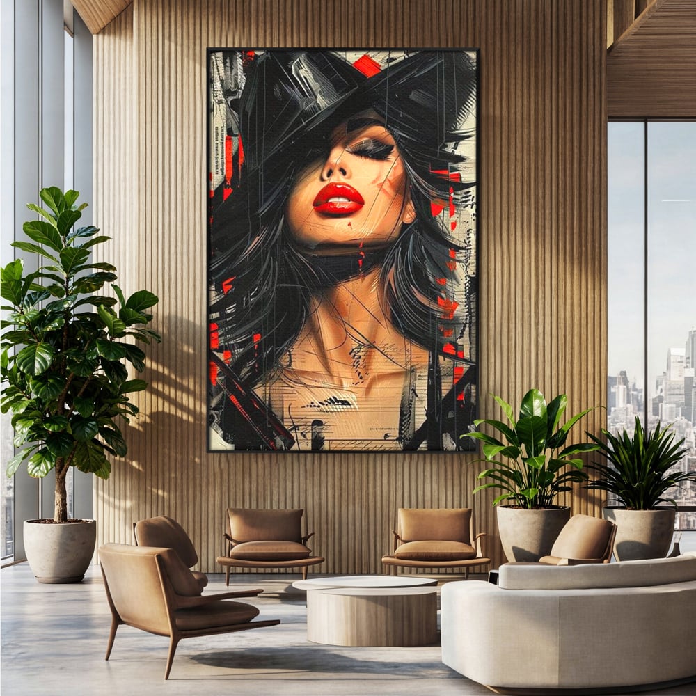 Tablou canvas cu tablou canvas cu portret stilizat de femeie, in rama de aluminiu negru, pe perete intr-un birou